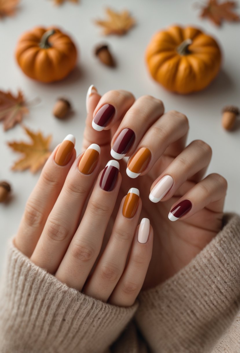 Close-up of hands with French tip nails featuring autumn colors like orange, yellow, and burgundy, with fall leaves and small pumpkins in the background.