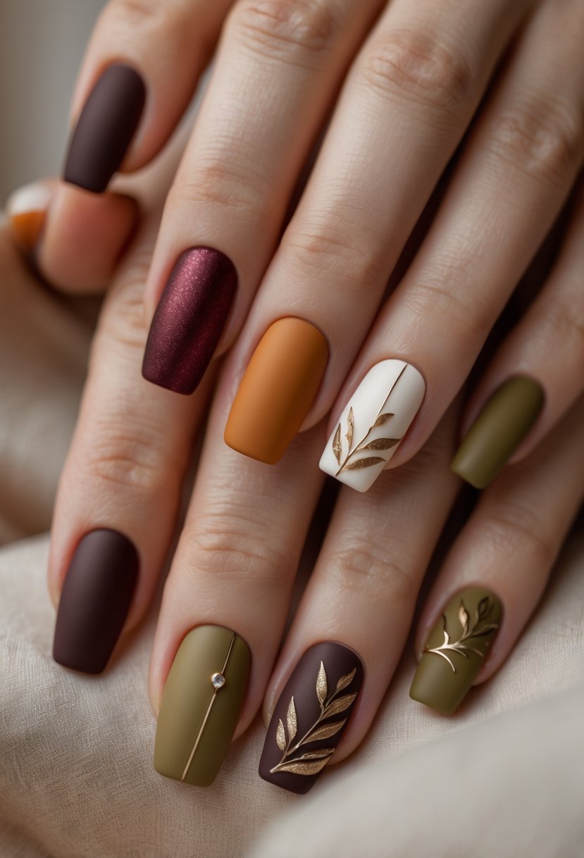Close-up of a woman's hands showing short nails painted in various fall colors with different stylish designs.