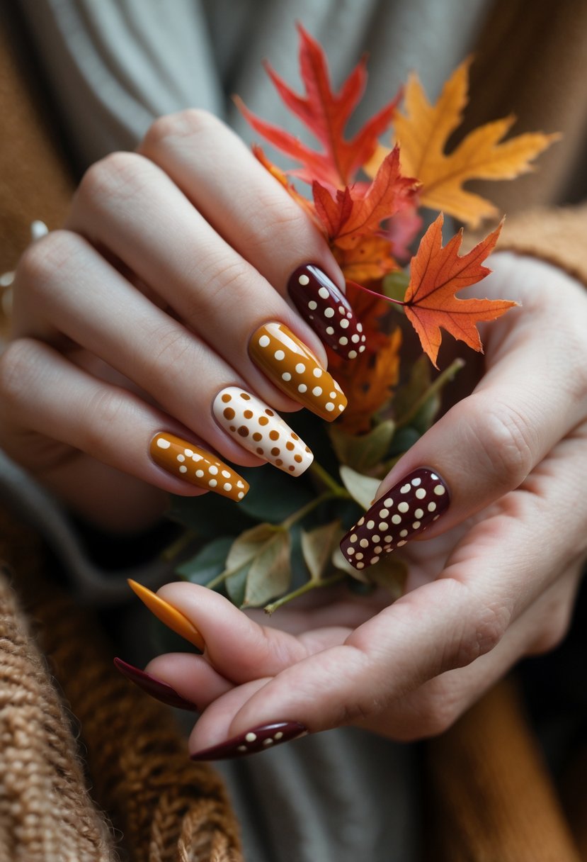 Close-up of hands with autumn-colored polka dot nails holding a small bouquet of fall leaves.