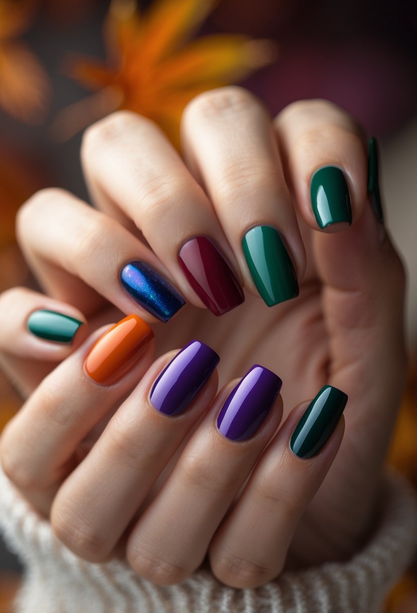 Close-up of hands with nails painted in deep jewel tone colors inspired by fall.