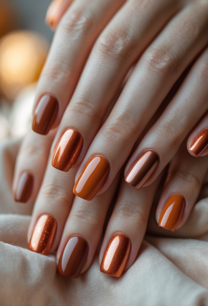 Close-up of a woman's hands with nails painted in warm rust shades resting on a neutral surface.