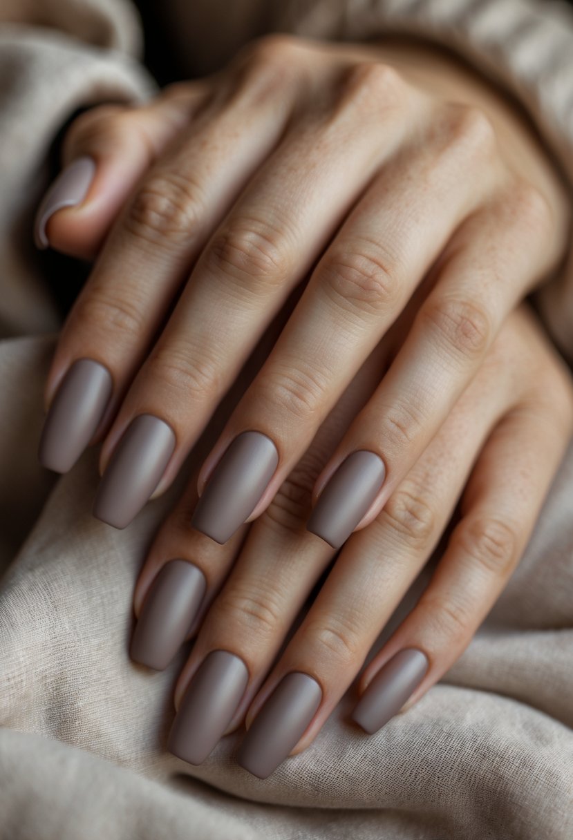 Close-up of hands with medium-length matte taupe painted nails resting on a soft neutral fabric background.
