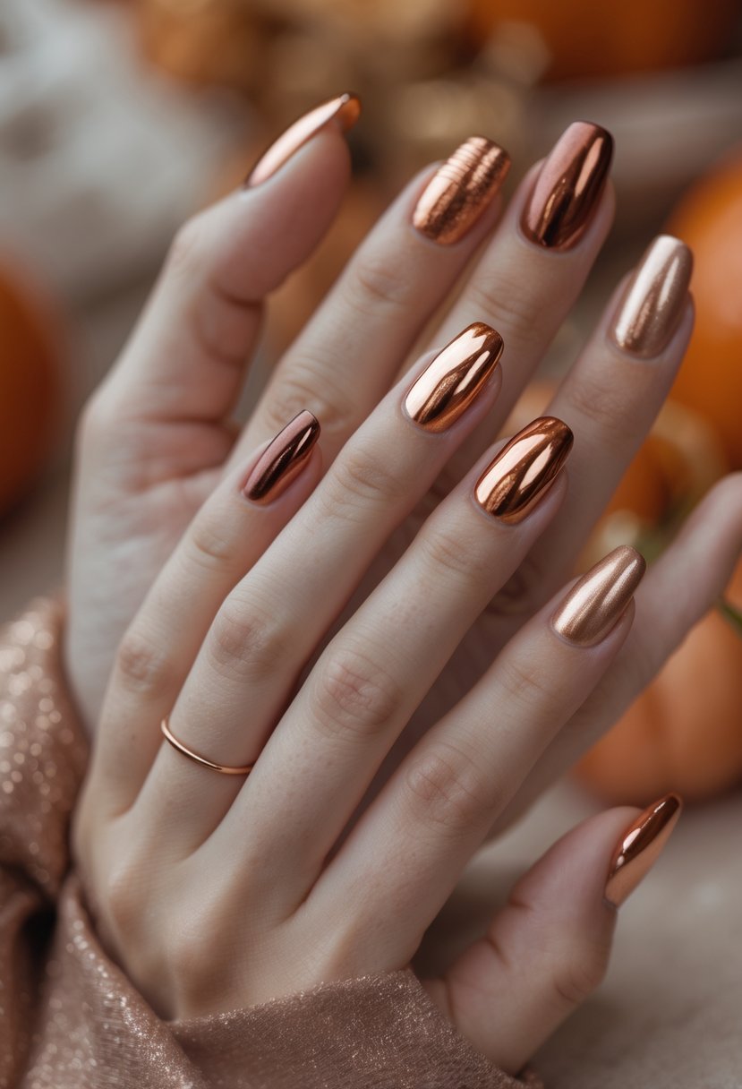 Close-up of hands with copper metallic fall-colored nails against a warm, blurred background.