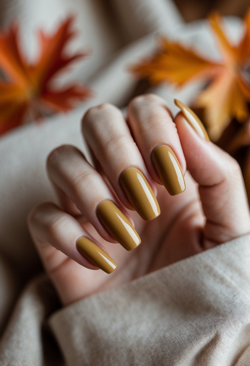 A close-up of a woman's hand with mustard yellow painted nails resting on a soft fabric background with blurred autumn leaves.