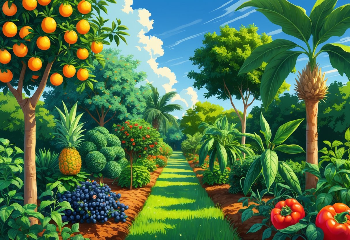 A garden scene with ten different edible plants growing together, including citrus trees, avocado, blueberries, pineapple, sweet potatoes, okra, tomatoes, bell peppers, herbs, and a papaya tree.