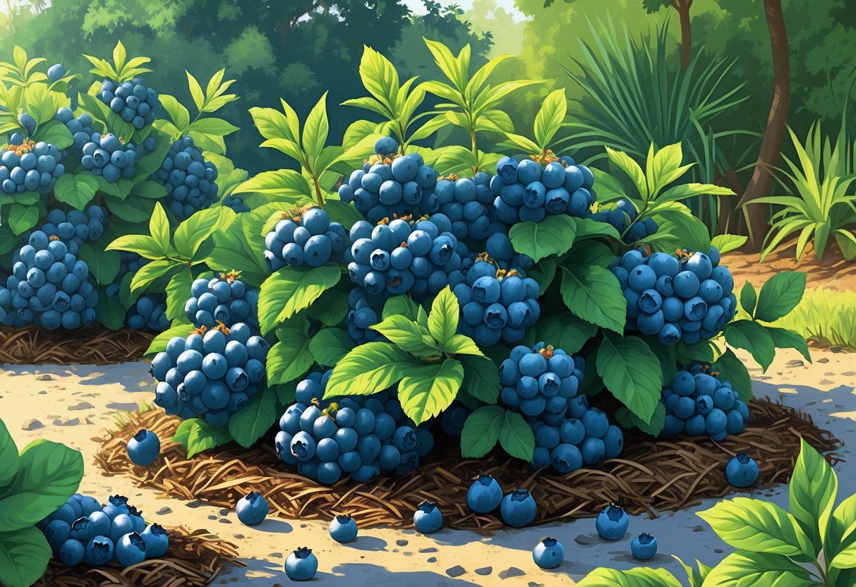 A group of ten blueberry bushes with green leaves and ripe blueberries growing in a garden setting.