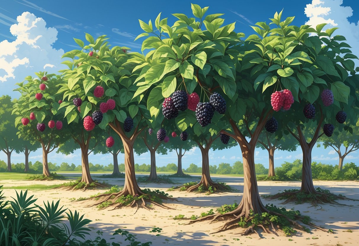 Ten mulberry trees with ripe fruit growing in a sunny Florida landscape with green leaves and sandy soil.