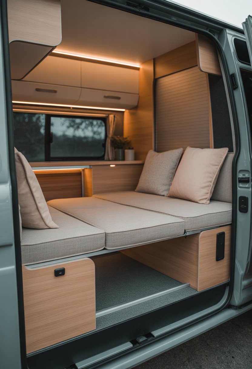 Interior of a small camper van showing a fold-out bed with integrated seating and storage compartments.