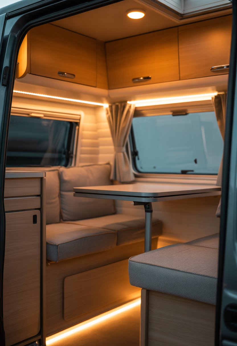 Interior of a small camper van lit by warm LED strip lights highlighting wooden cabinets and cozy seating.