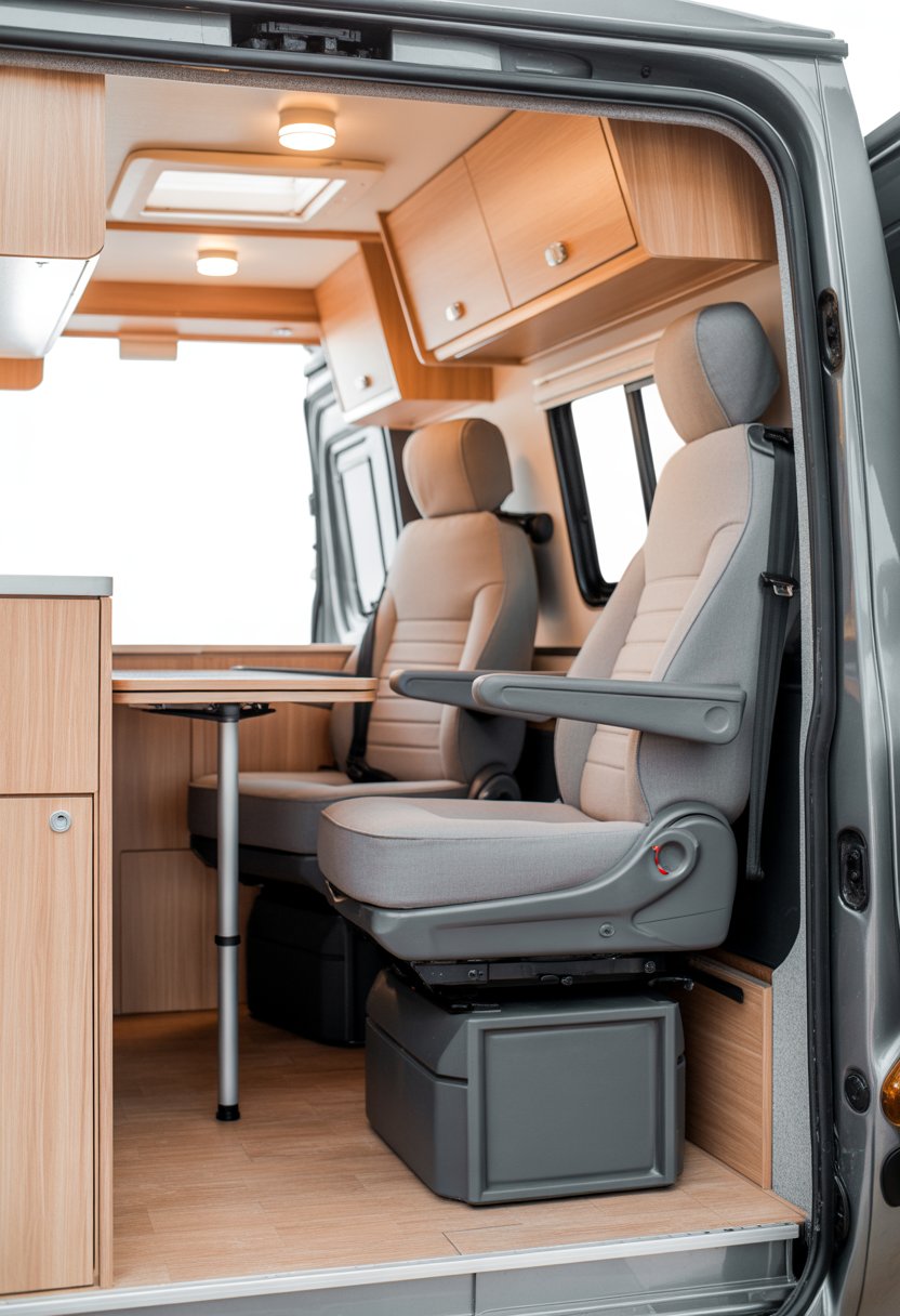 Interior of a small camper van with compact swivel chairs arranged around a dining table, showing an efficient and cozy living space.