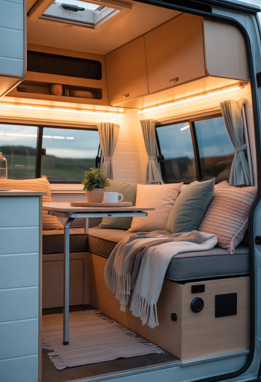 Interior of a small camper van with a cozy seating area, wooden table, cushions, and warm natural light.