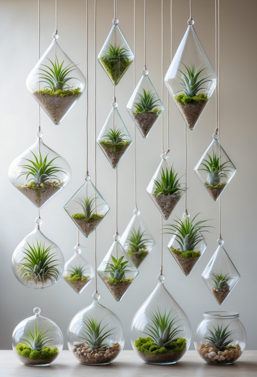 Thirteen hanging glass terrariums with air plants displayed inside, suspended against a neutral background.