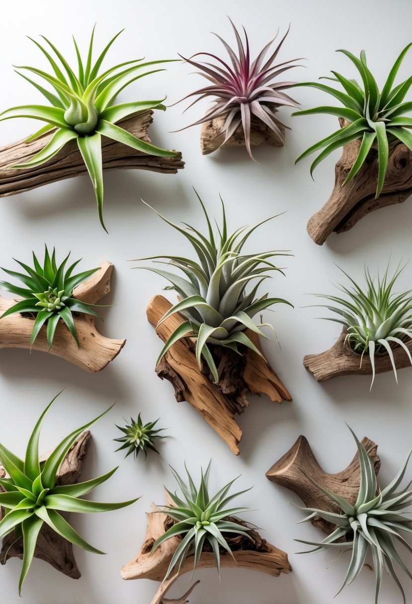A collection of air plants mounted on various pieces of driftwood arranged on a neutral background.