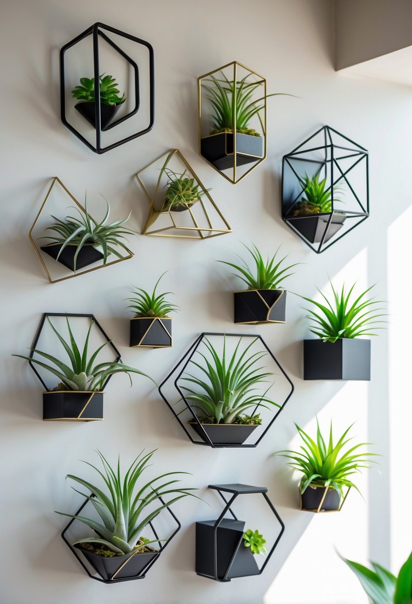 Thirteen geometric metal wall holders mounted on a wall, each holding a green air plant.