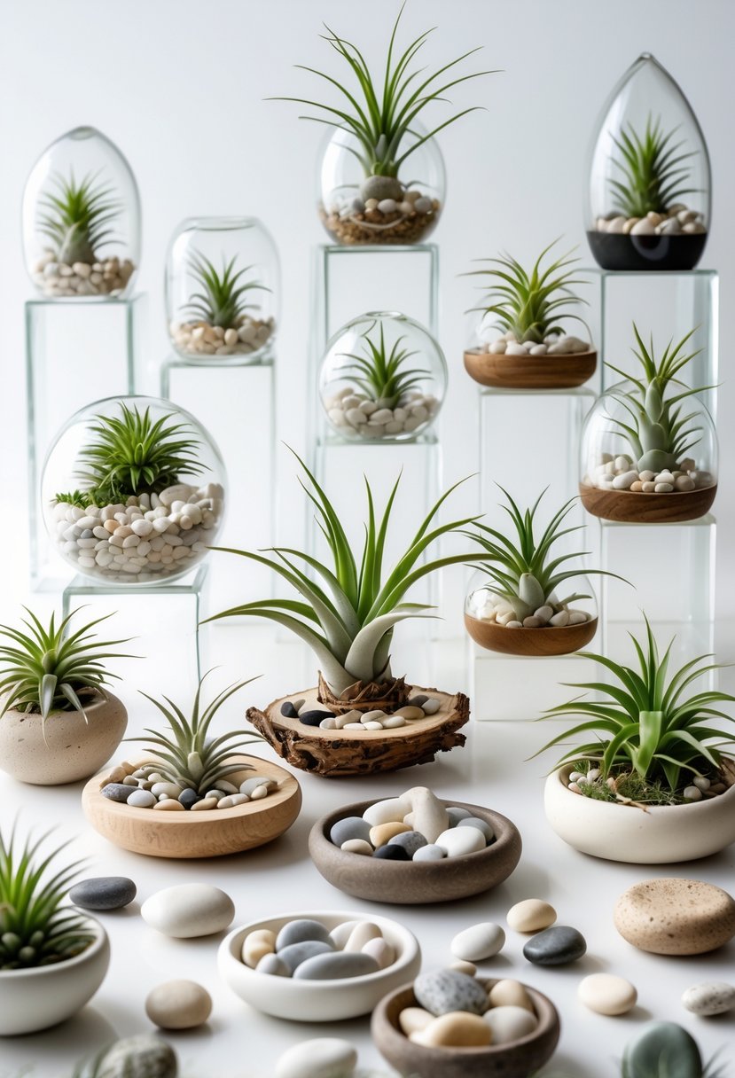 A collection of small air plants arranged with smooth pebbles in various containers, including glass terrariums and stone bowls.