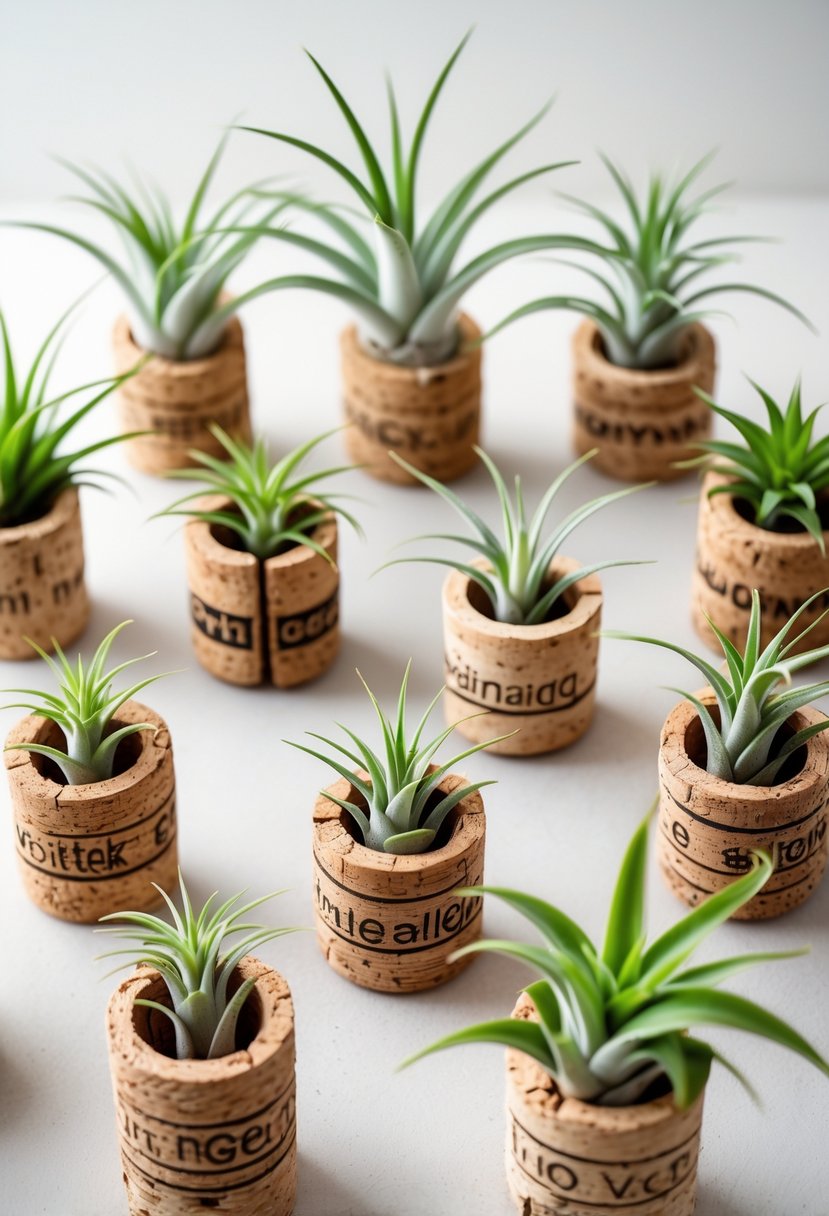 A collection of thirteen air plants displayed in hollowed-out wine corks arranged neatly on a plain surface.