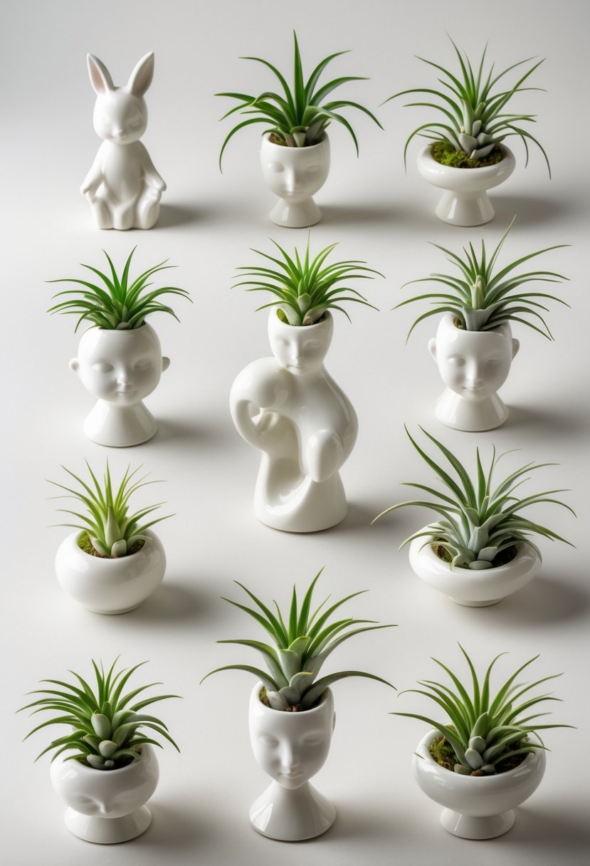 Thirteen porcelain figurines displaying green air plants arranged on a neutral surface.