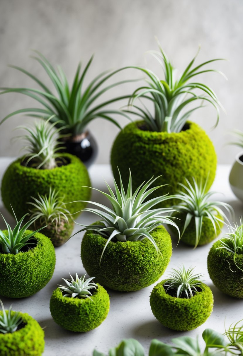 Thirteen air plants displayed inside moss-covered spheres arranged on a neutral background.
