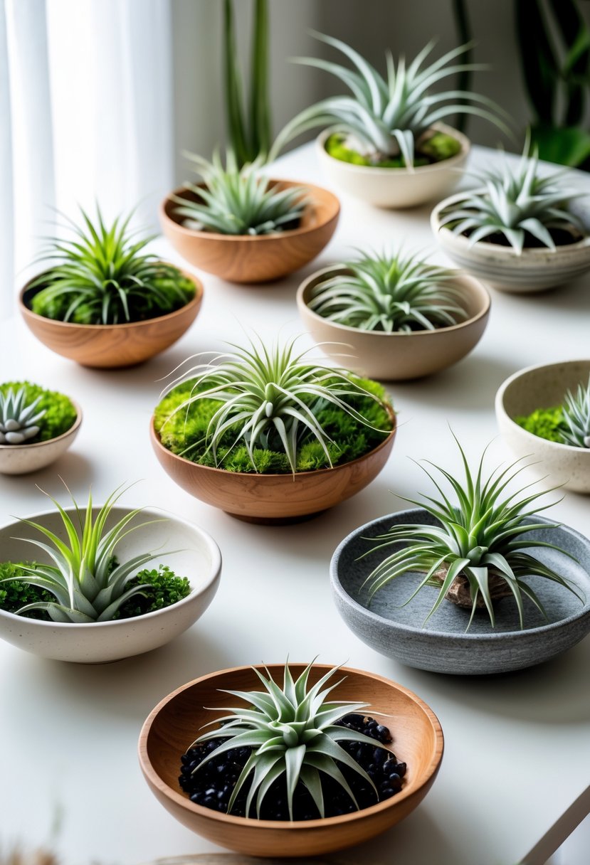 Thirteen shallow bowls each holding green air plants arranged on a clean surface.