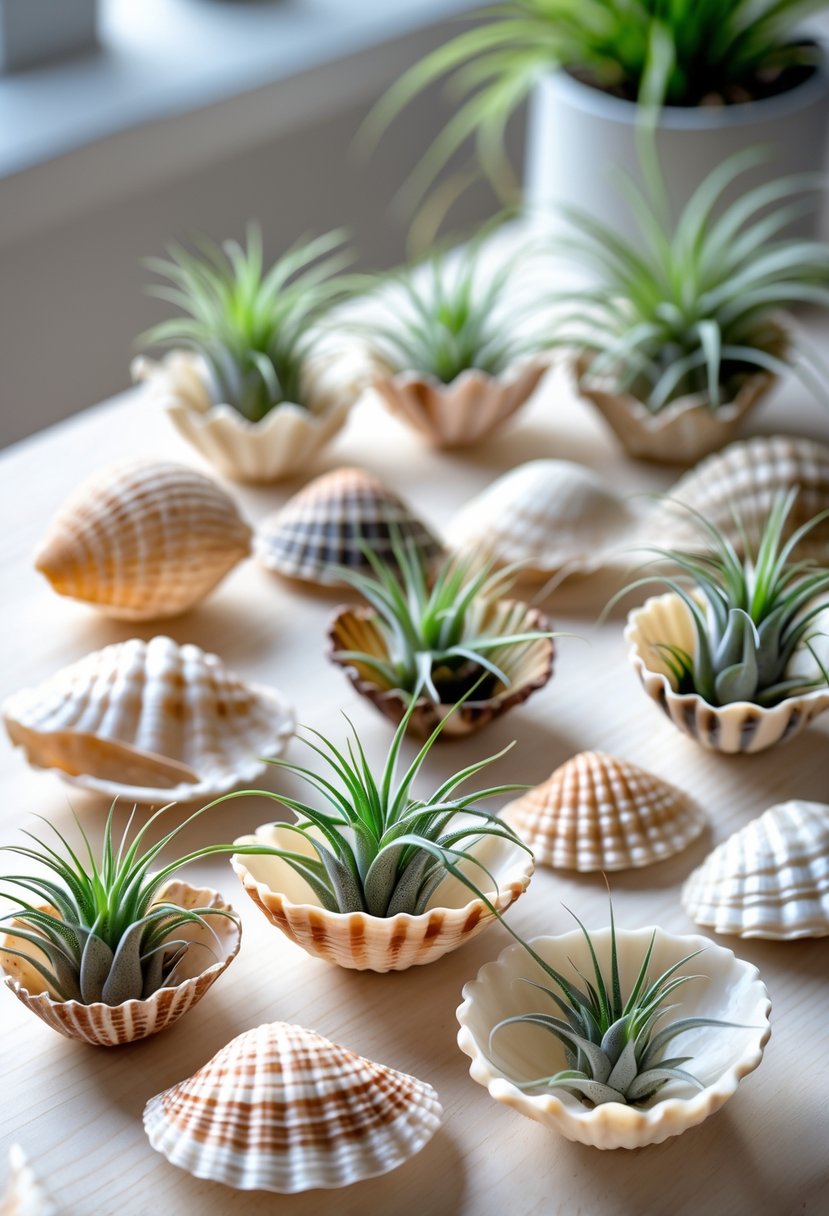 A collection of air plants displayed in various recycled seashell holders arranged on a wooden surface.