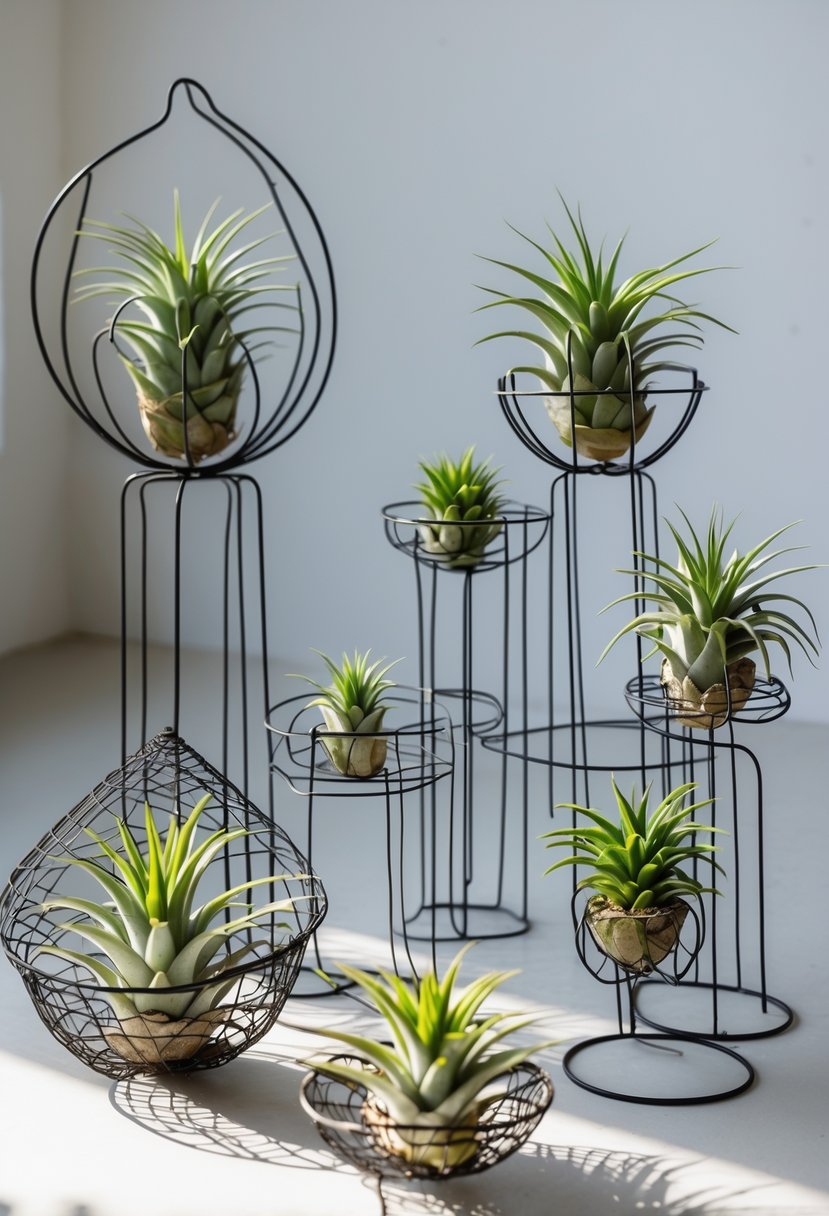 A collection of wire sculptures holding mounted green air plants arranged on a neutral background.
