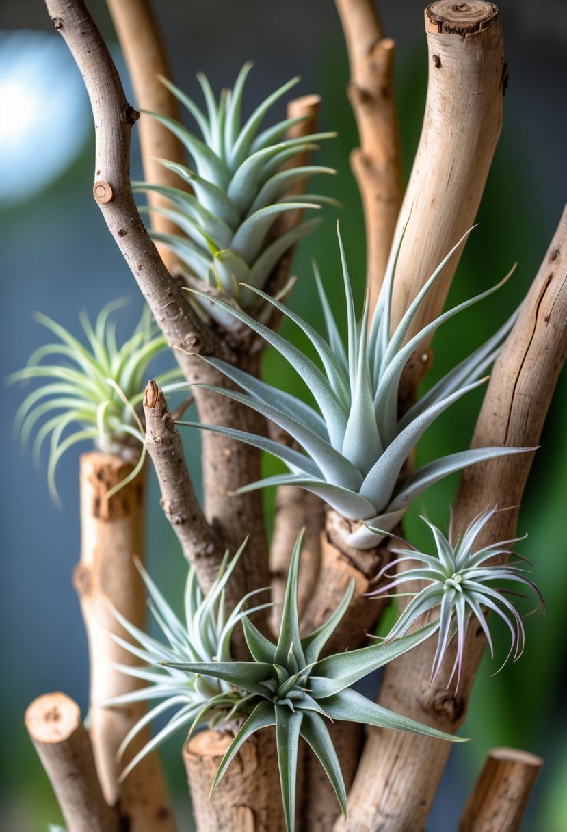 Various air plants attached to wooden branches arranged as a decorative display.