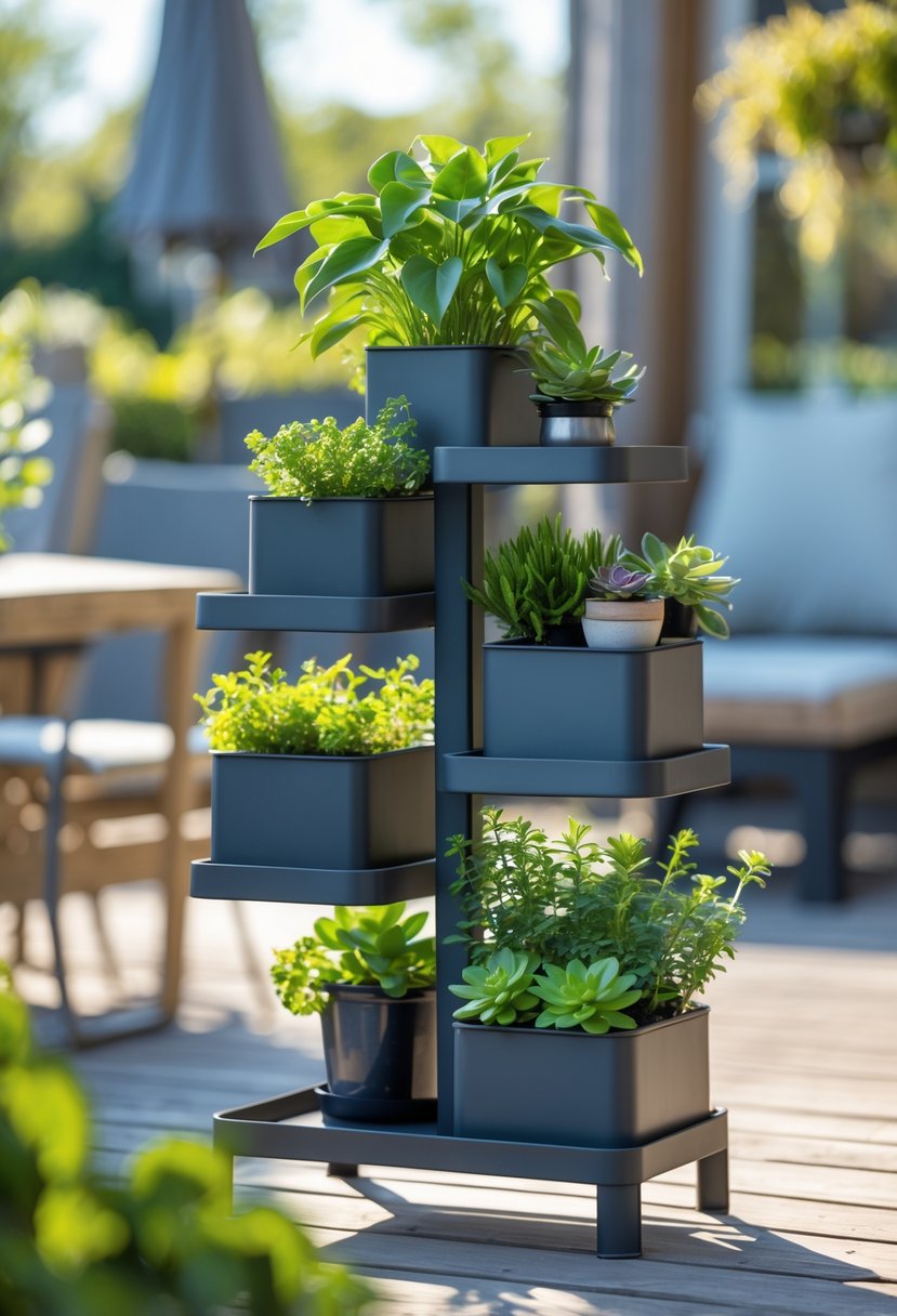 A multi-tiered metal plant stand outdoors holding various potted plants on each level.