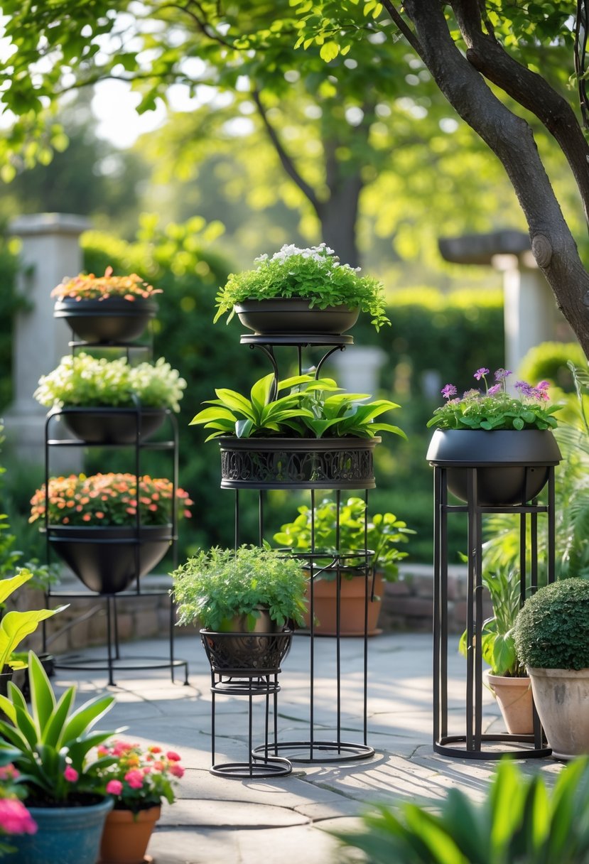 Outdoor garden scene with multiple black wrought iron plant stands holding various green plants and colorful flowers on a stone patio.