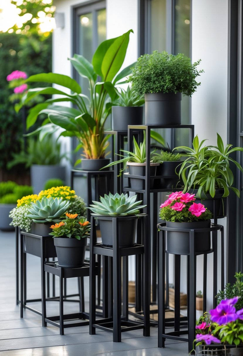 Outdoor scene with multiple black metal plant stands holding various potted plants and flowers arranged on a patio.