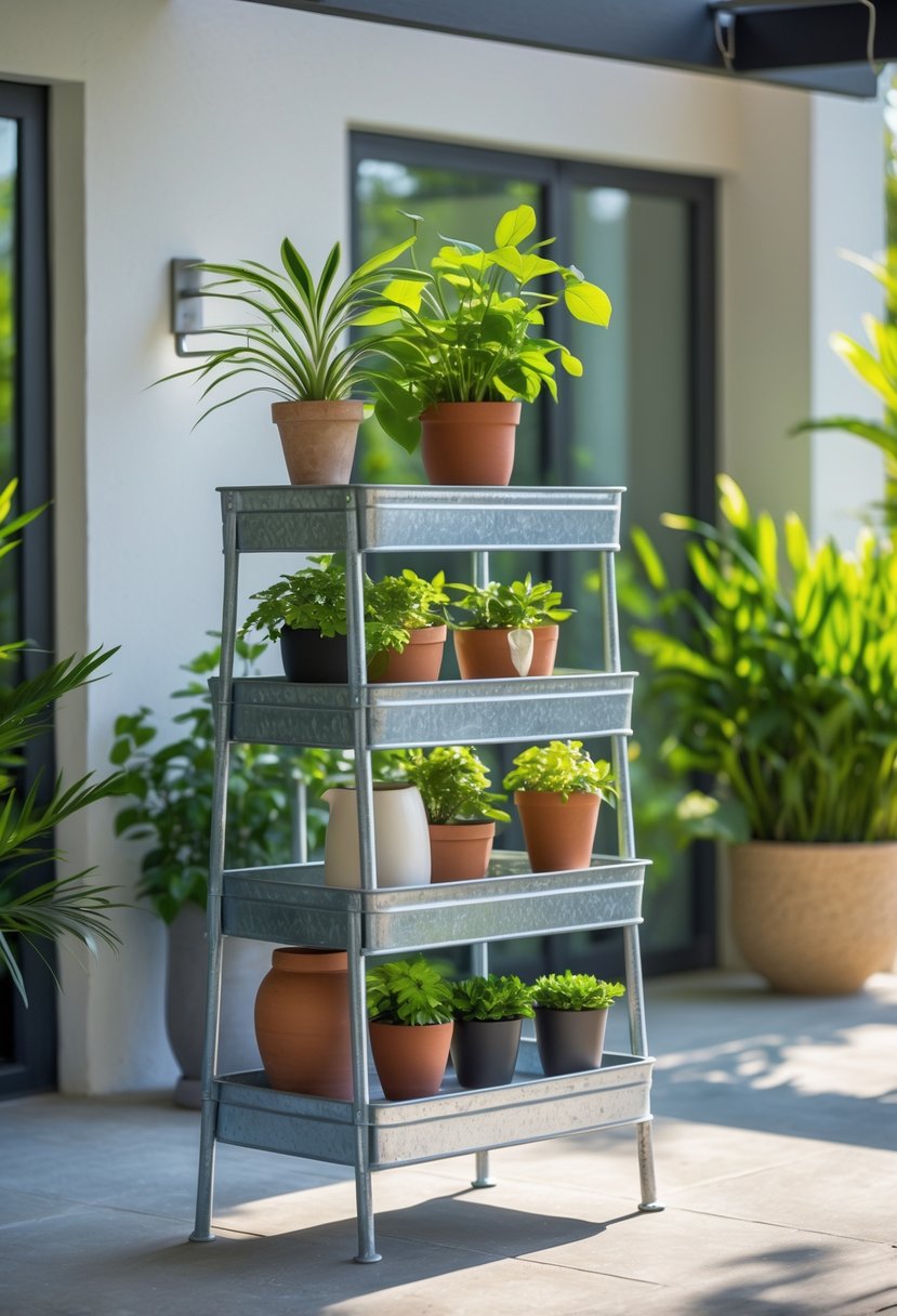 An outdoor galvanized steel plant stand with multiple tiers holding various potted plants in a garden setting.