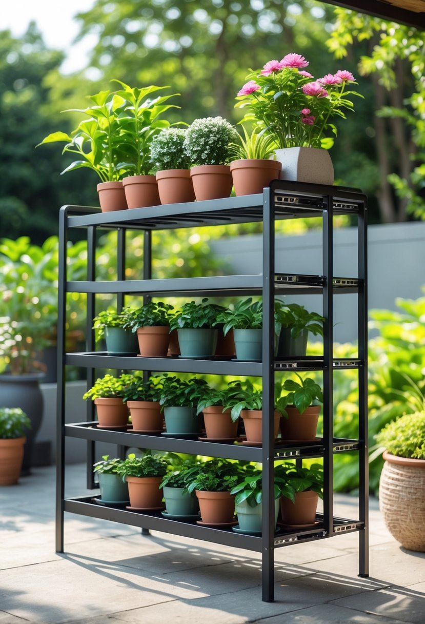 An expandable folding metal plant rack outdoors holding multiple potted plants arranged on its tiers.