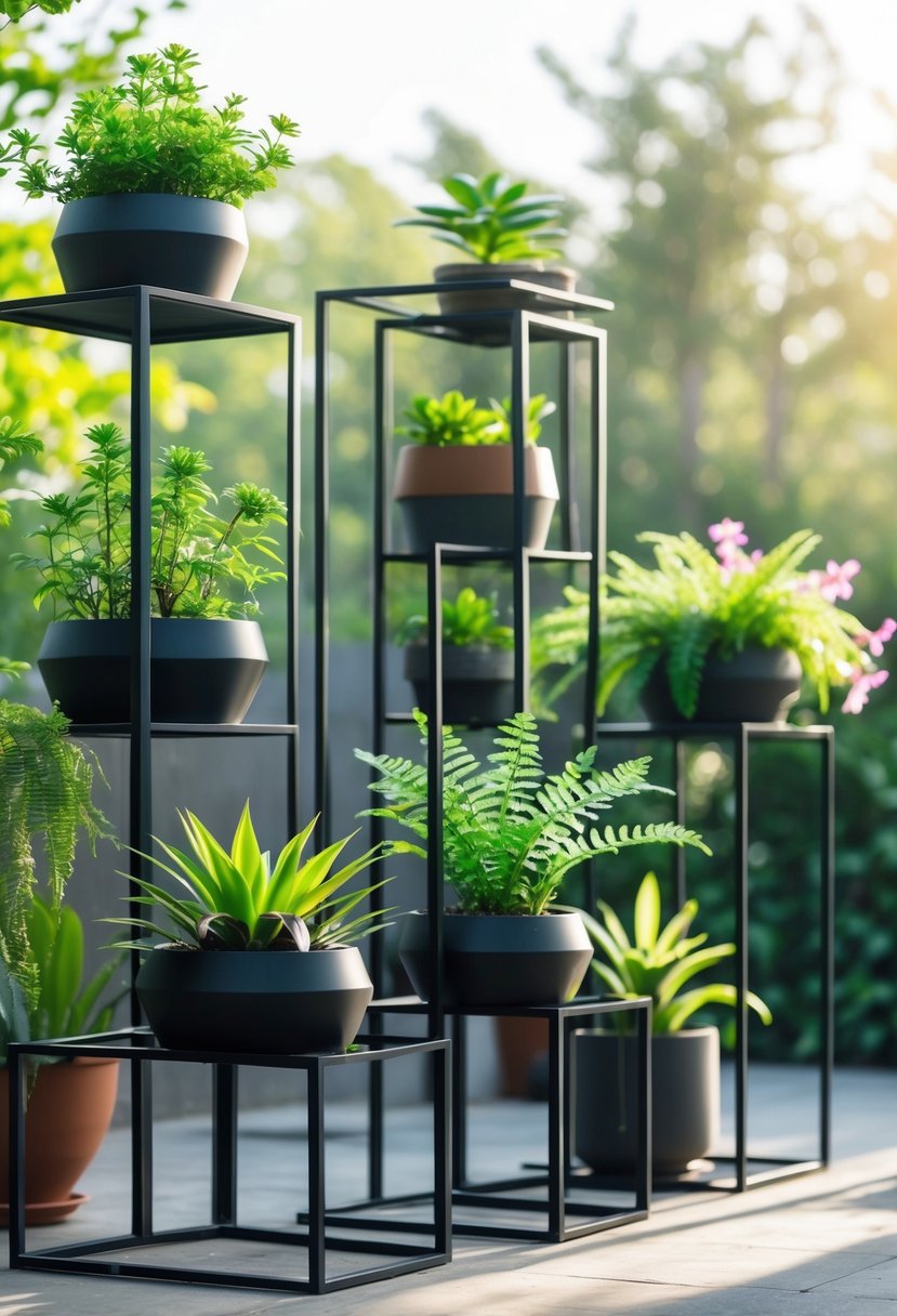 Outdoor scene showing multiple black metal plant stands holding various green potted plants in a garden.