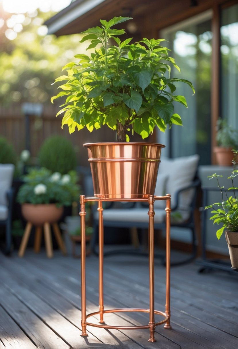 A copper-plated metal plant pedestal holding a green potted plant outdoors on a wooden deck with garden greenery in the background.
