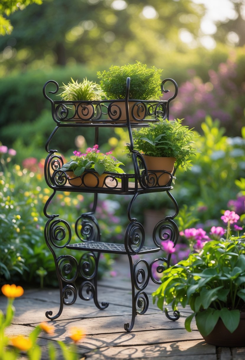 A decorative metal plant stand with multiple tiers holding potted plants outdoors surrounded by greenery and flowers.