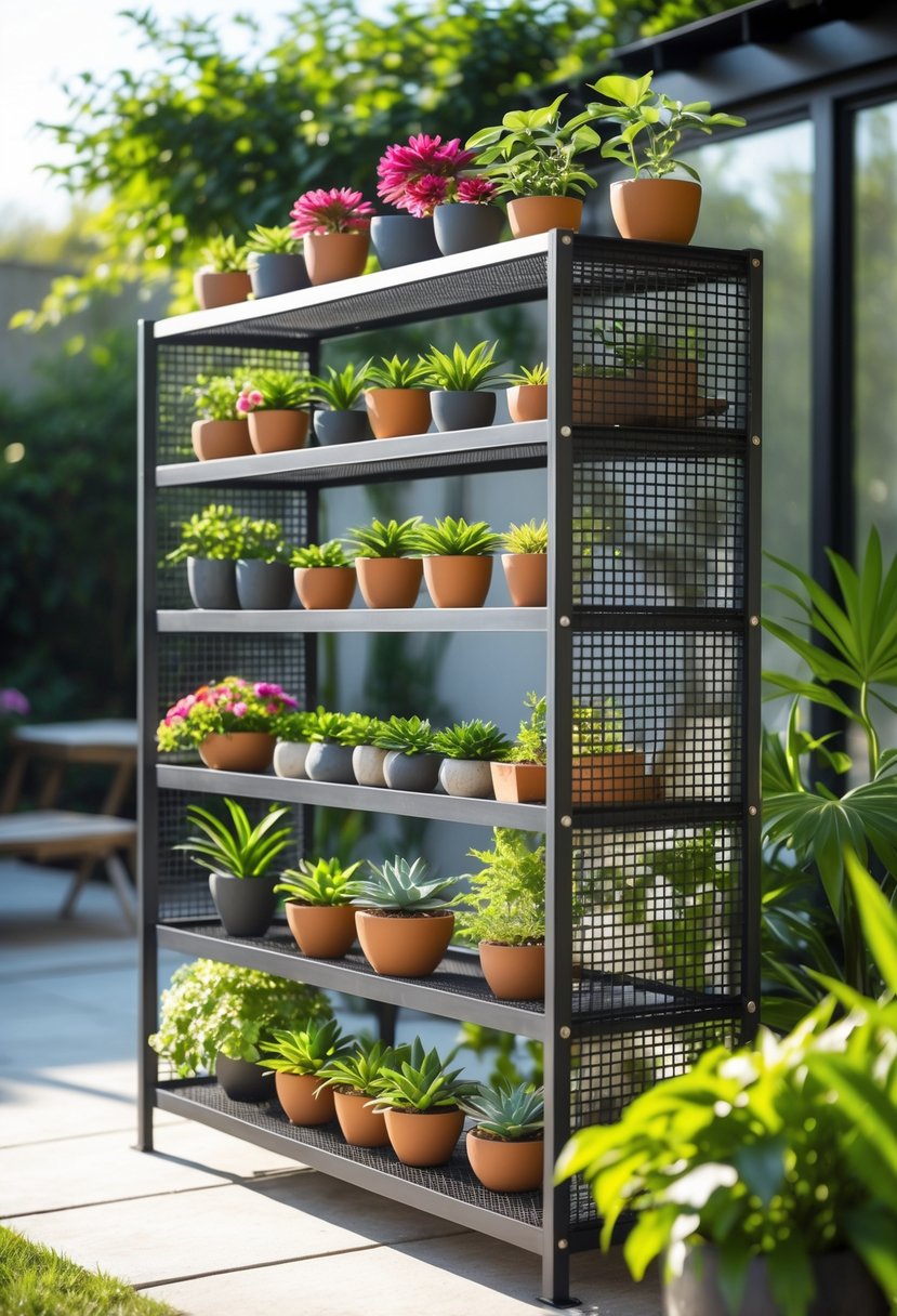 A multi-level metal plant shelf outdoors holding various potted plants in a garden setting.