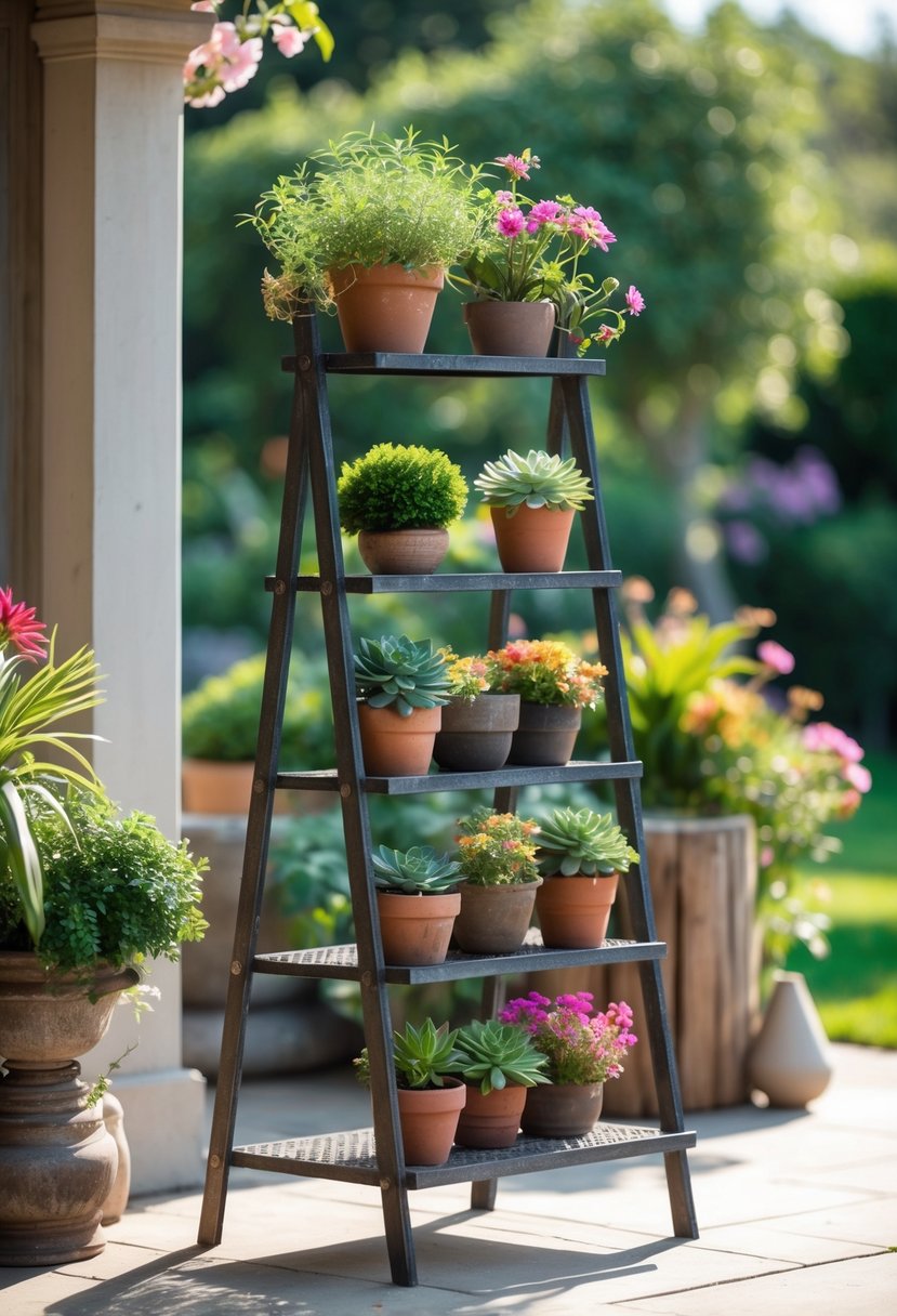Outdoor metal ladder plant stand with multiple shelves holding various potted plants in a garden setting.
