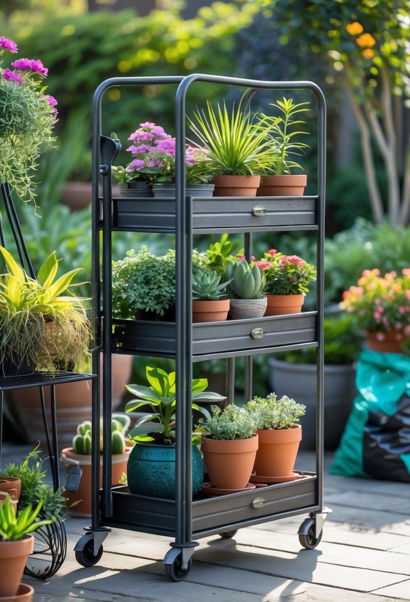 Outdoor metal plant cart with multiple shelves holding various potted plants in a garden setting.