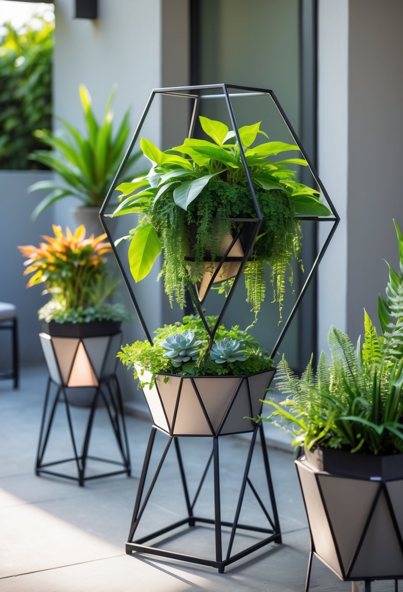 Outdoor scene with a hexagonal metal plant holder and several metal plant stands holding green plants and flowers on a patio.