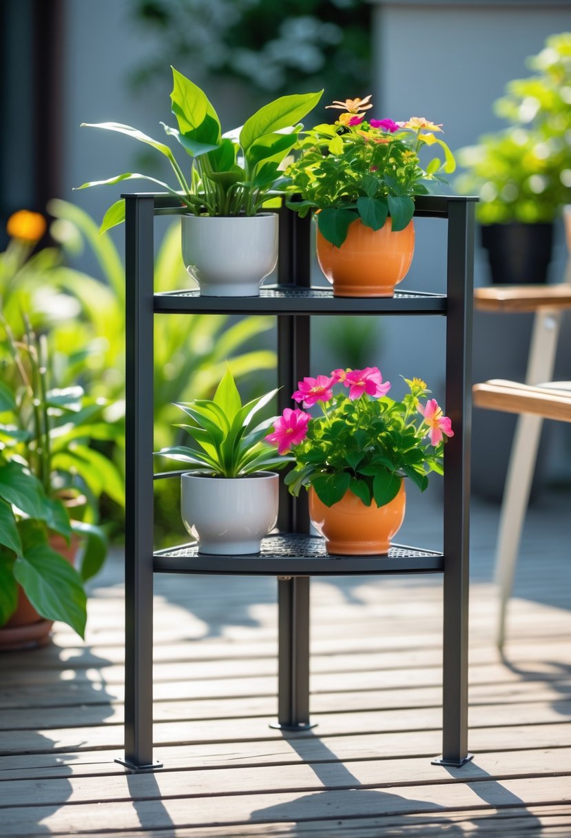 A compact metal corner plant stand outdoors holding multiple potted plants and flowers in a bright garden setting.