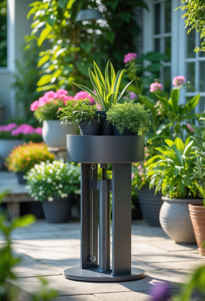 An adjustable height metal plant table outdoors with various potted plants arranged on it, surrounded by greenery.