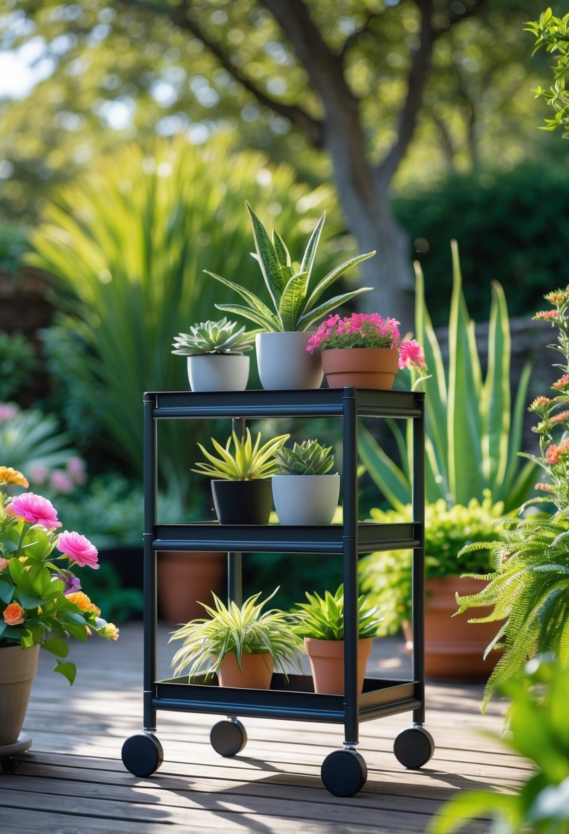 Outdoor metal plant stand with wheels holding multiple potted plants on a wooden deck surrounded by greenery.