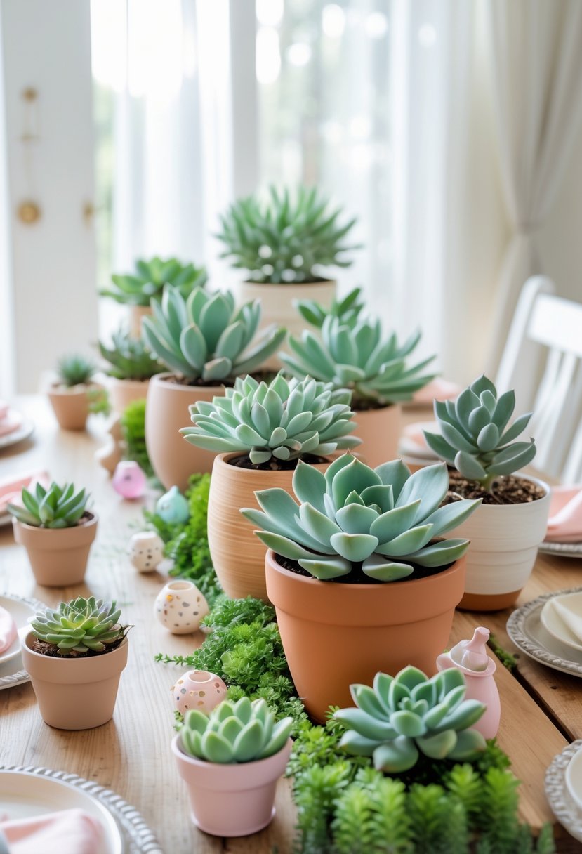 A wooden table decorated with various potted succulents as centerpieces, surrounded by soft baby shower decorations in a bright room.