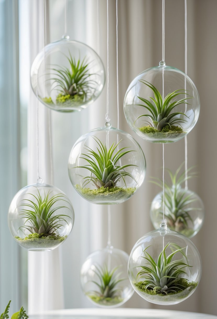 Several hanging glass globes with green air plants inside, suspended at different heights against a neutral background.