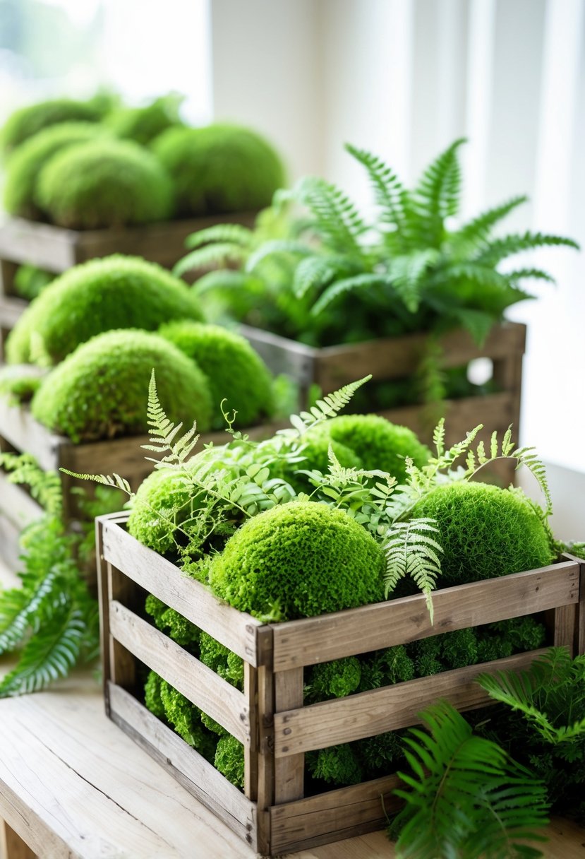 Wooden crates filled with green moss and small ferns arranged on a wooden surface.
