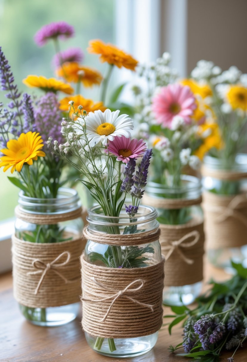 Several Mason jars wrapped in twine and filled with wildflowers arranged on a wooden table.