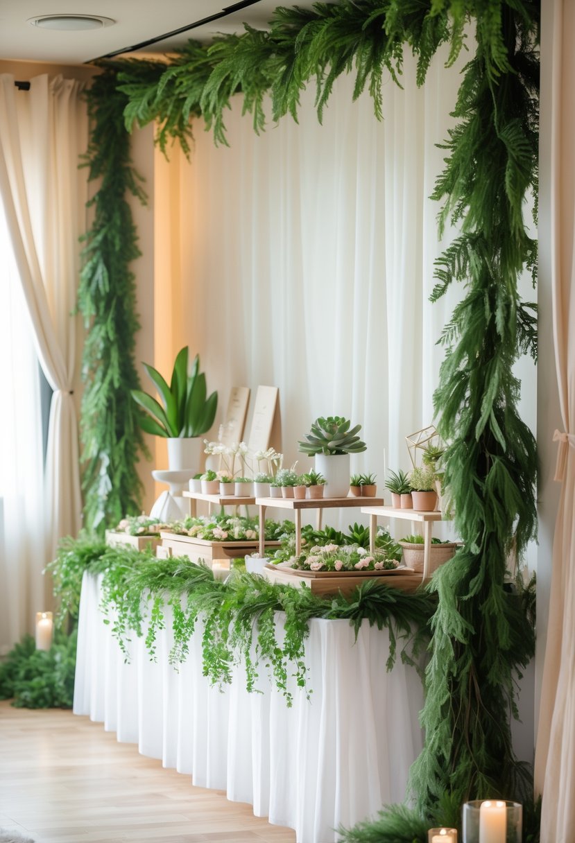 Buffet tables decorated with green garlands, potted plants, and floral arrangements for a baby shower.
