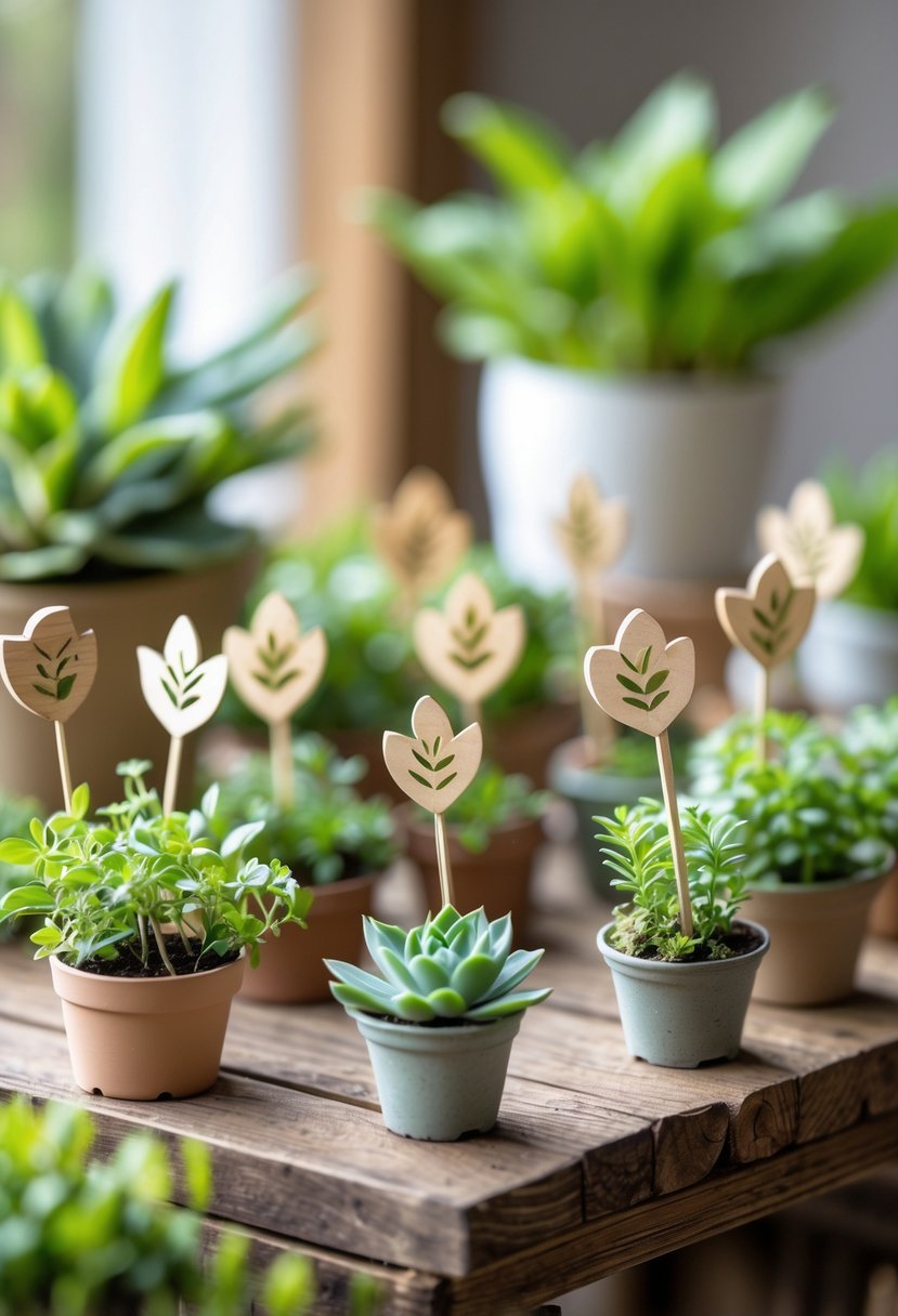 Miniature plant markers placed in small potted plants arranged on a wooden surface, creating a decorative display.