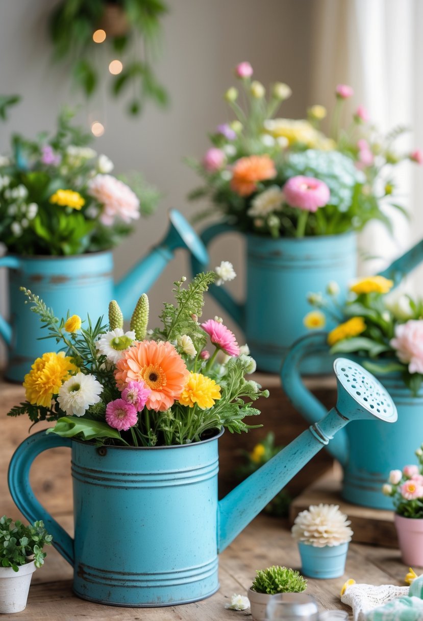 Vintage metal watering cans filled with colorful flowers arranged on a wooden table with small plants and baby shower decorations.