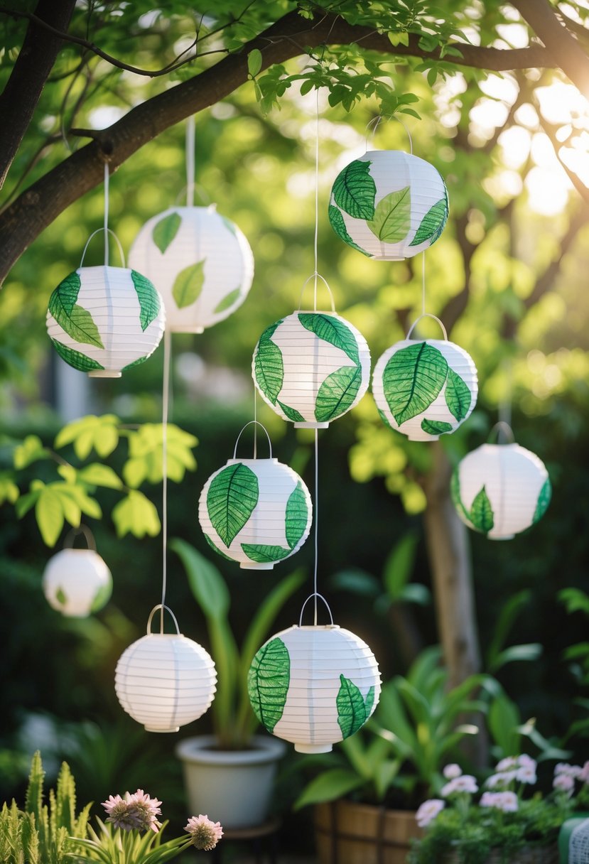 Paper lanterns with leaf patterns hanging from tree branches outdoors, surrounded by plant decorations.