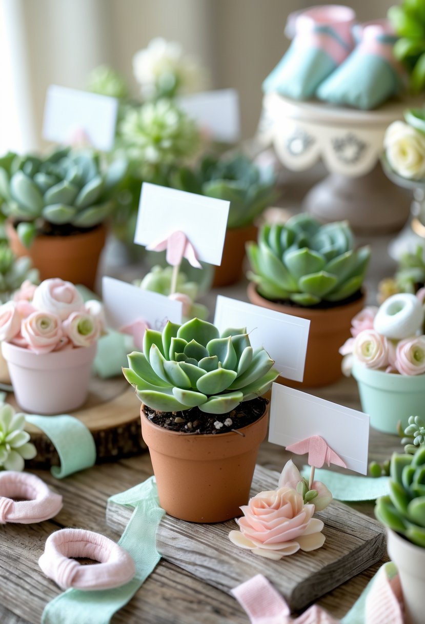 Succulent plants arranged with blank place cards on a wooden table surrounded by pastel baby shower decorations.